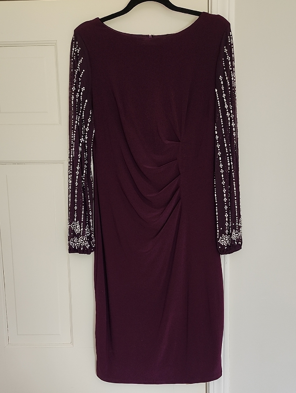 MARINA Plum Long-Sleeve Embellished Evening Dress